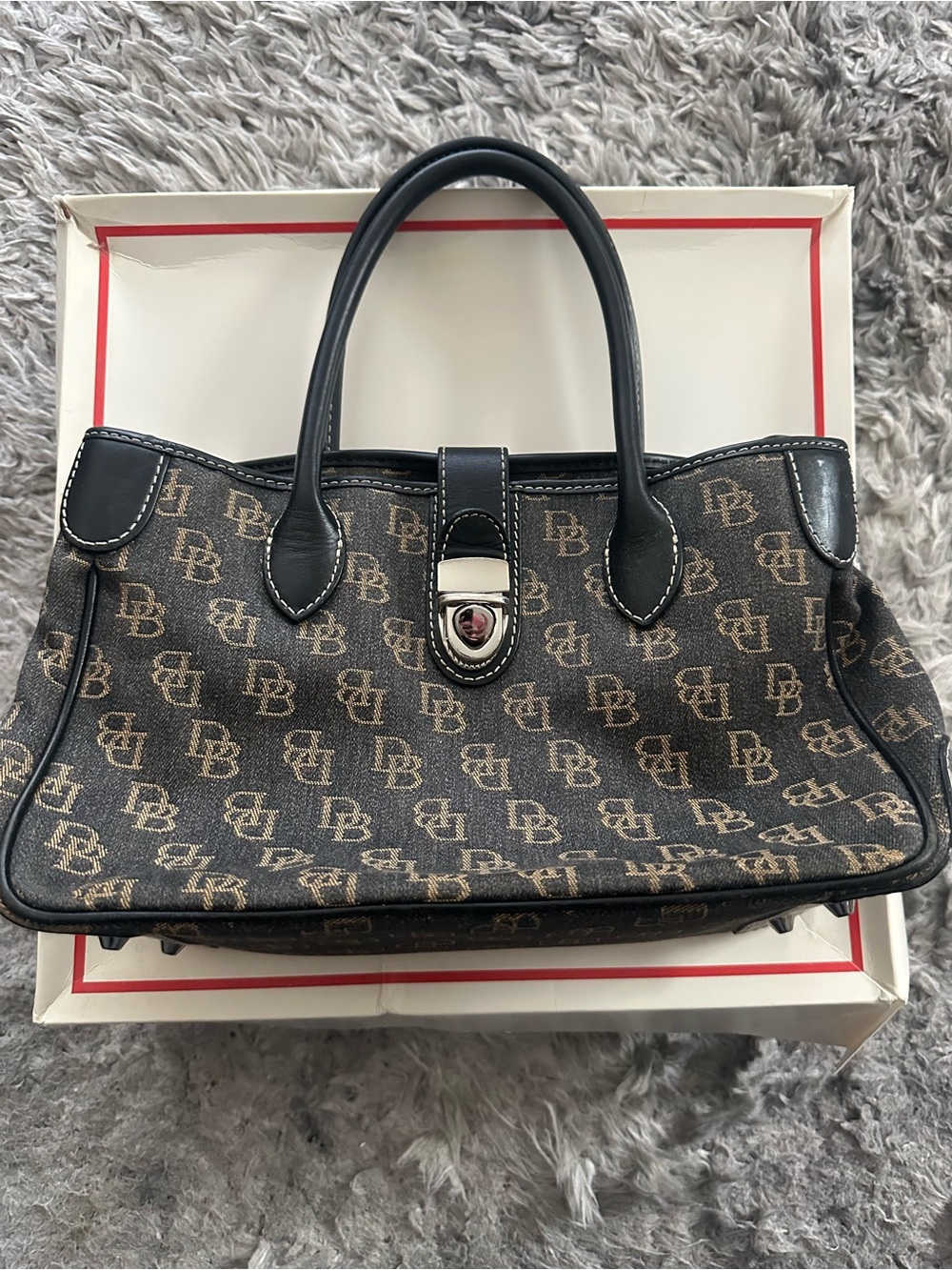 Dooney & Bourke Brown Monogram Satchel with Black Leather Trim
